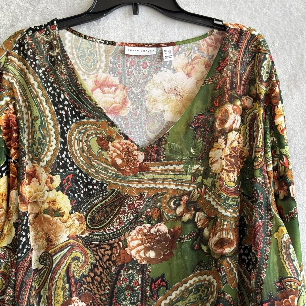 Susan Graver Plus 3X Paisley Floral Asymmetrical Liquid Knit Tunic Top Casual